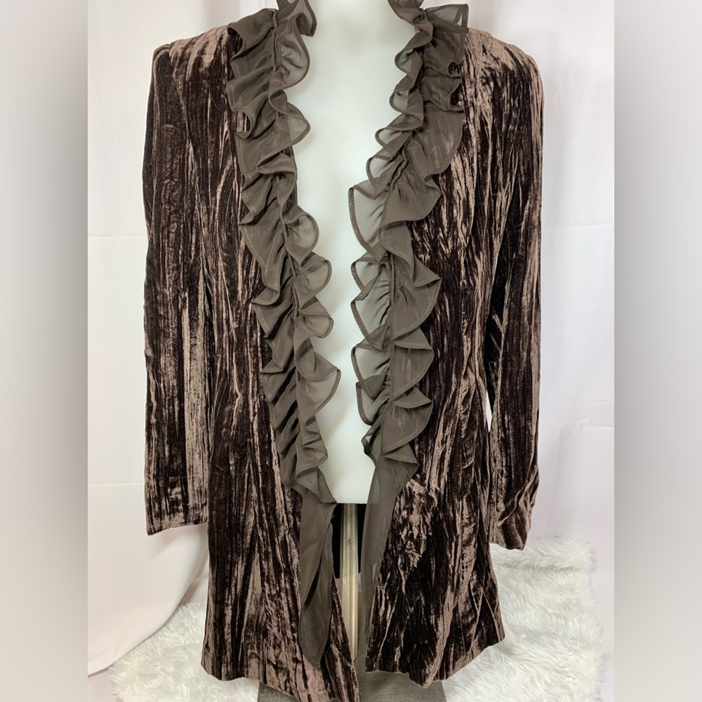 Jacket Focus 2000 jacket Crushed Velvet Ruffle Front Chocolate brown Sz 2P.Lined